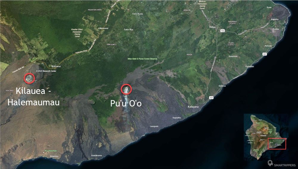 Position du Kilauea et du Pu'u o'o