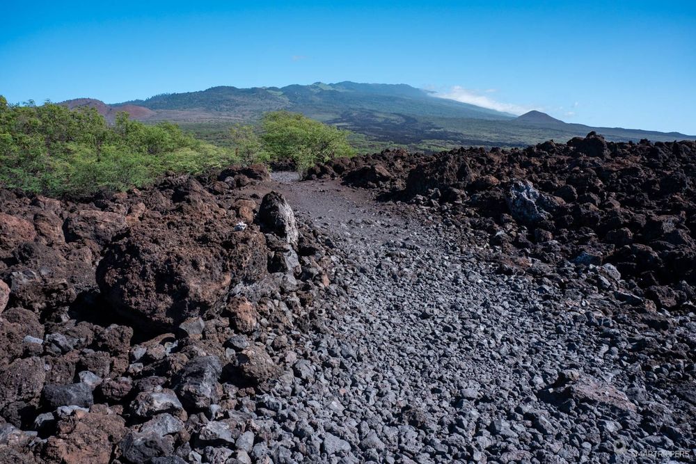 Le sentier poursuit dans le champ de lave, le Haleakalā en toile de fond.