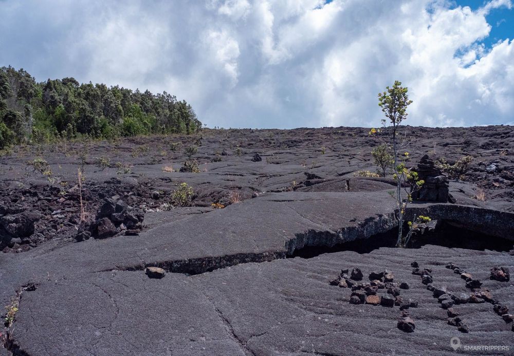 Au travers du champ de lave avec sur la gauche la base boisée du Pu’u Huluhulu.