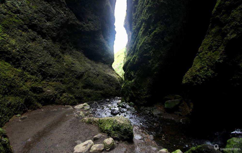 Dans l'antre de Rauðfeldsgjá, la petite plateforme de terre.